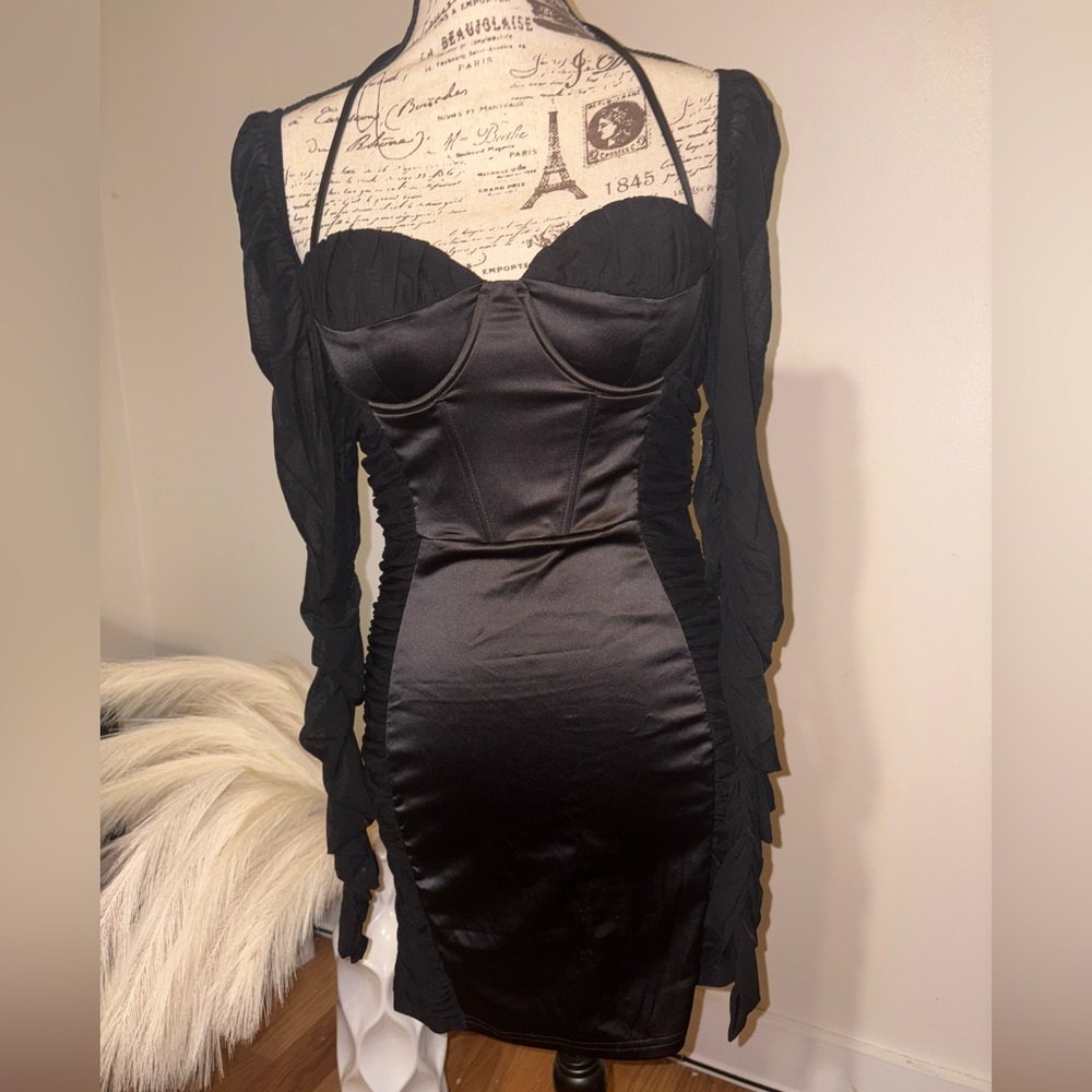 Black Satin Off Shoulder Halter Tie Dress by Fashion Nova